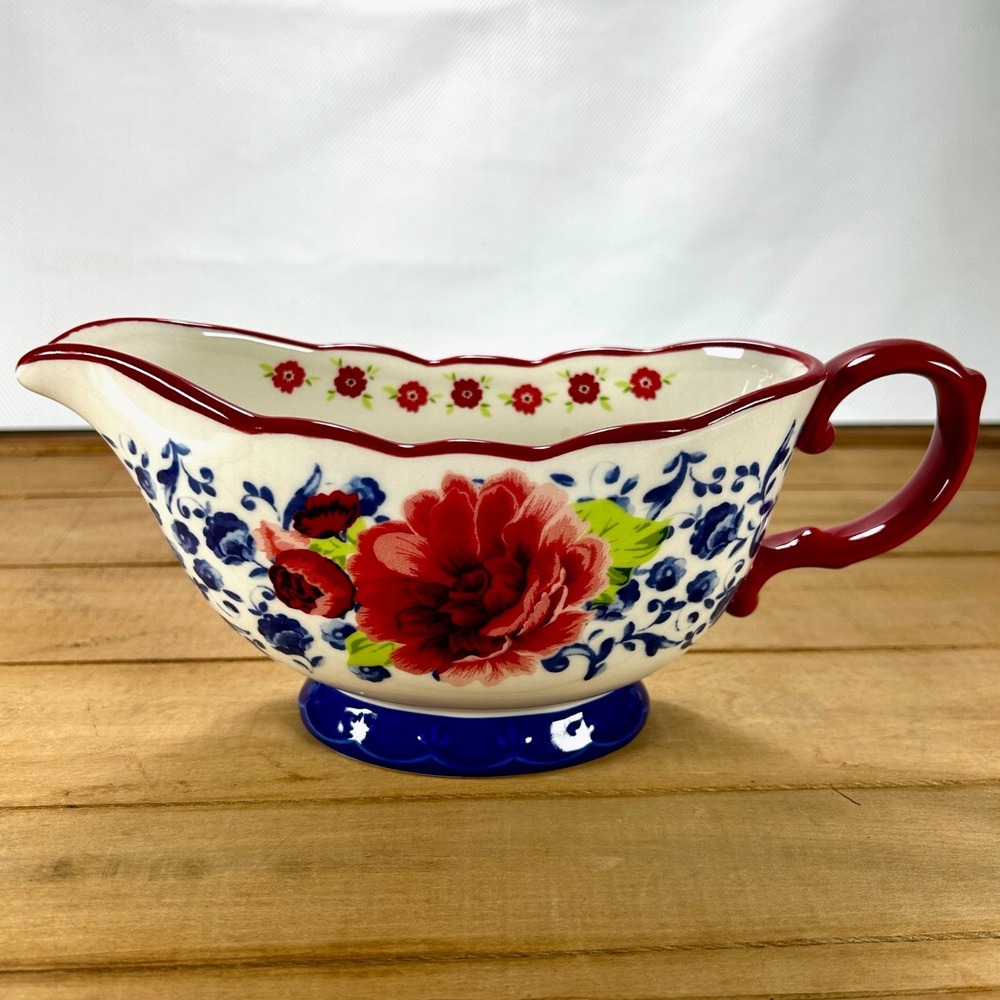 Pioneer Woman Frontier Rose Gravy Boat Stoneware Blue Red Floral Scalloped Rim